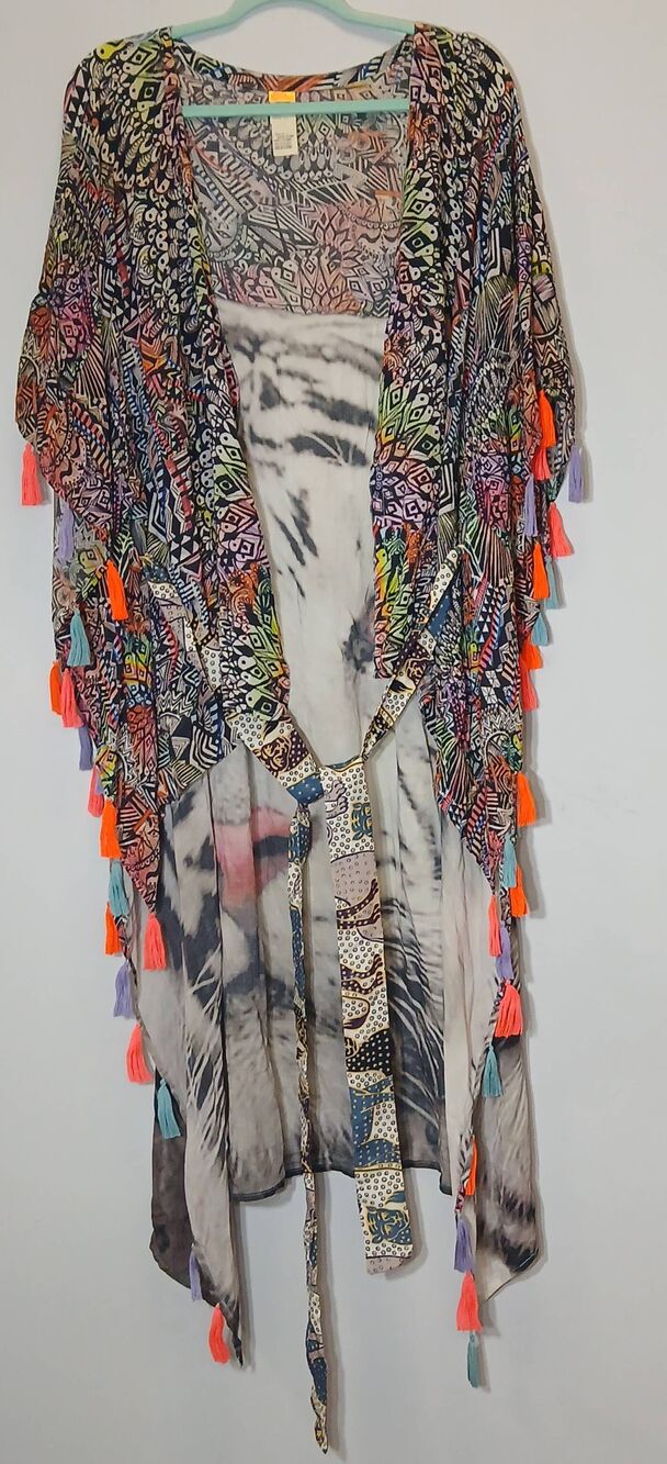 Agua bendita women xl kaftan long duster throw over boho gypsy Coastal colorful - Picture 5 of 10